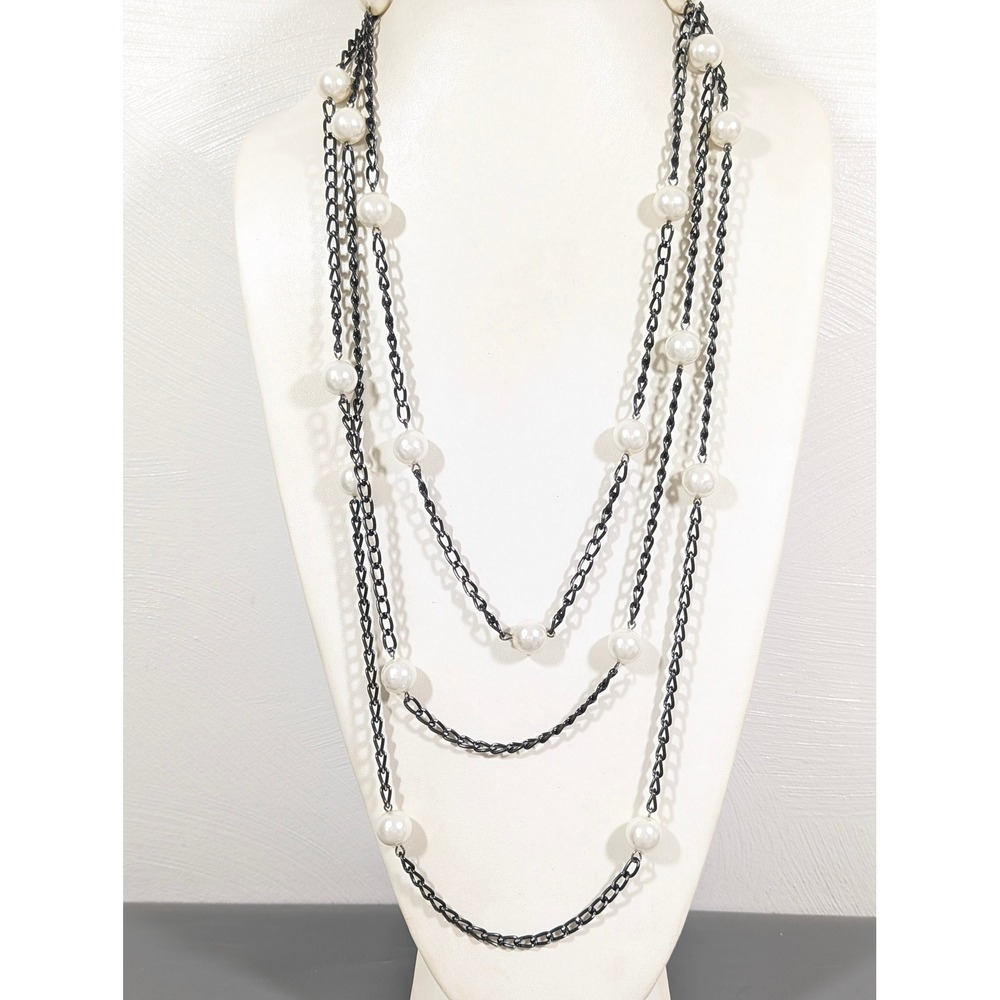 Gunmetal Gray Multi Chain Faux Pearl Station Necklace Layered Long 31in